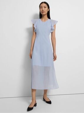 Ruffle Sleeve Dress in Organic Cotton. Light Blue Flutter Sleeve Midi Dress